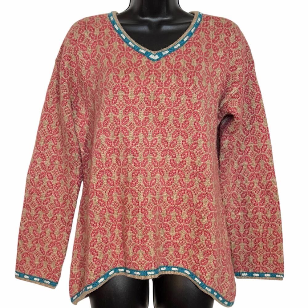 Sundance Y2K Style Fair Isle Merino Wool Alpaca V Neck Sweater Pink Teal M